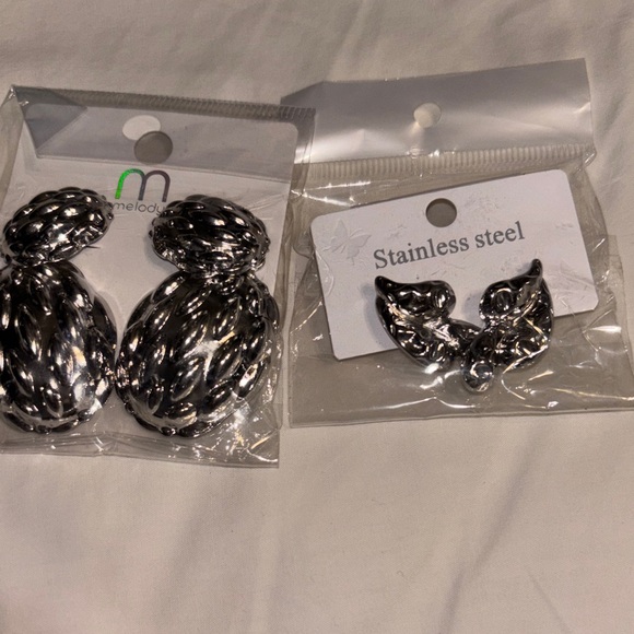 melody Jewelry - 2 Silver-Tone Statement Earrings Stainless Steel textured drops 2” & 1”
